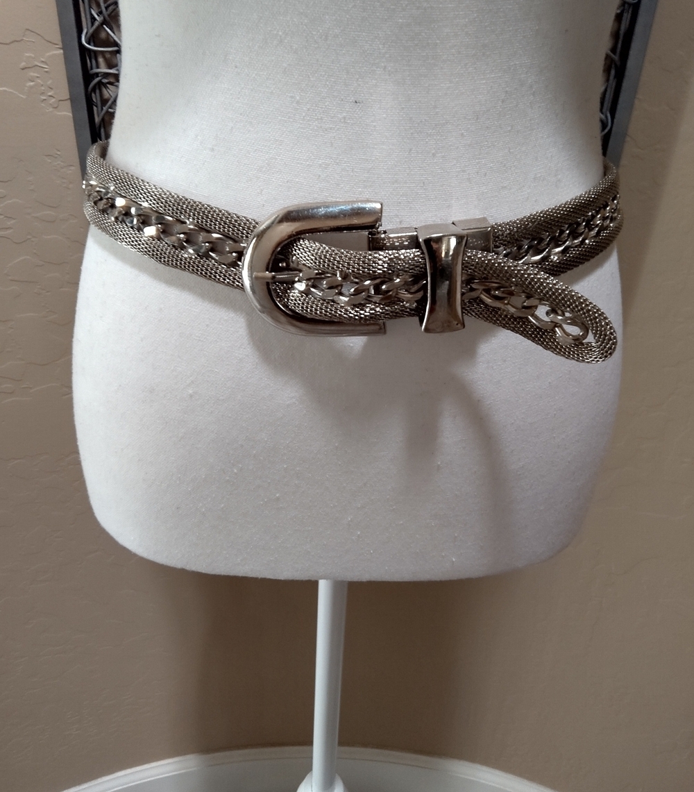 Silver Metallic Heavy Chain and Mesh Belt